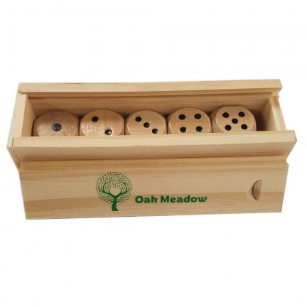  Oak Meadow 5 piece wooden dice set wooden box opened 